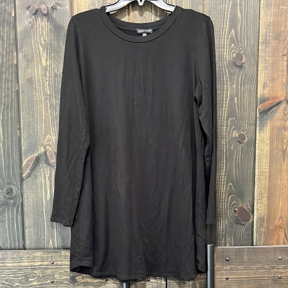 Eileen Fisher Black Tencel Lyocell Stretch Jersey Knit Tunic Dress L Minimalist